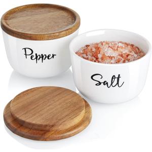 DAYYET Salt and Pepper Bowls, 10 oz Salt Cellar with Lid, Stacked Ceramic Salt Pepper Container with Acacia Wood Lid, Salt Box for Countertop, Modern Kitchen Decor, Set of 2, White