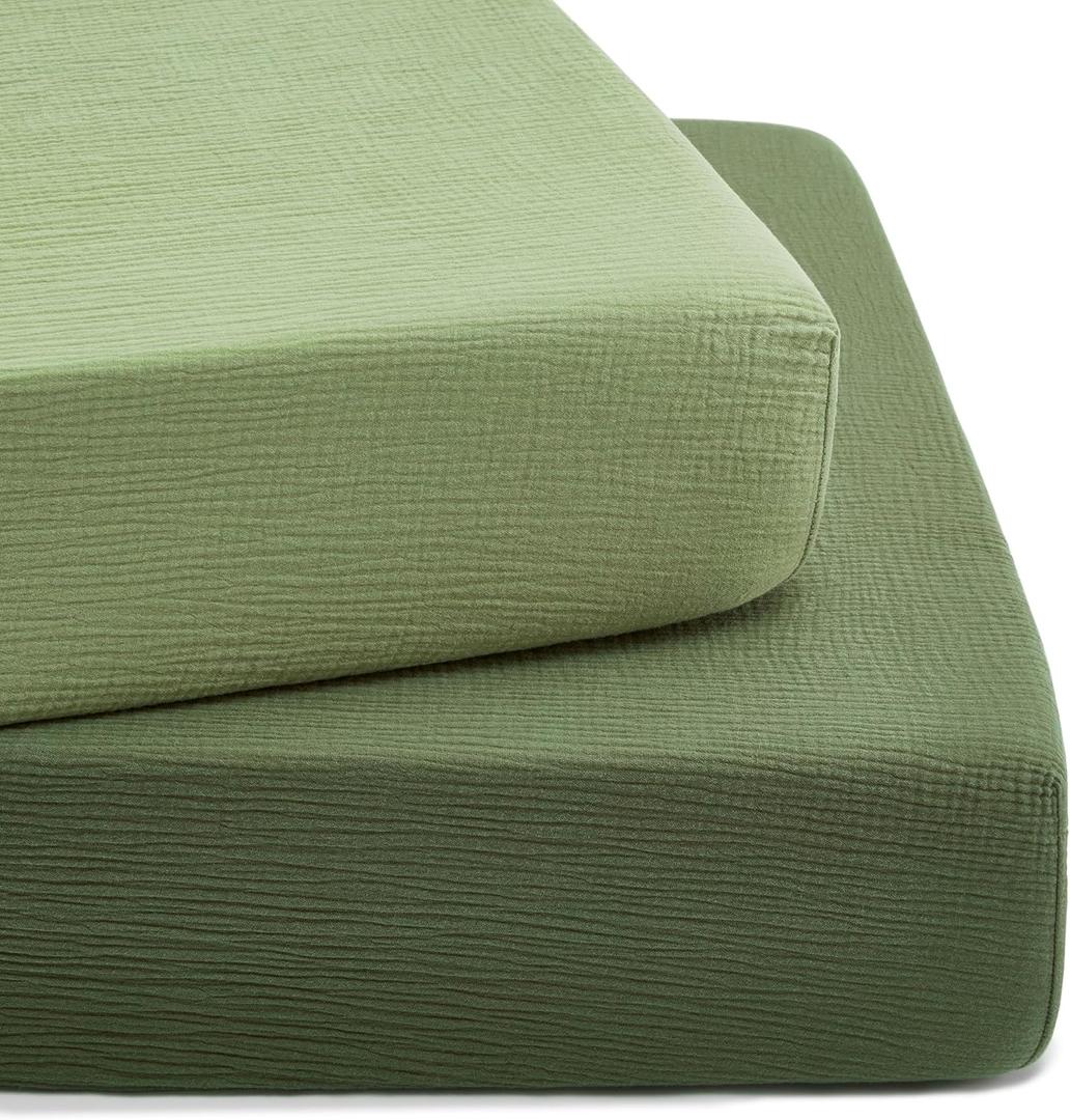 TILLYOU 2 Pack Muslin Crib Sheet for Boys and Girls - 100% Cotton Fitted Crib Sheet for Toddler Standard Crib Mattress, Soft and Breathable, 52"x28", Forest Green&Light Green
