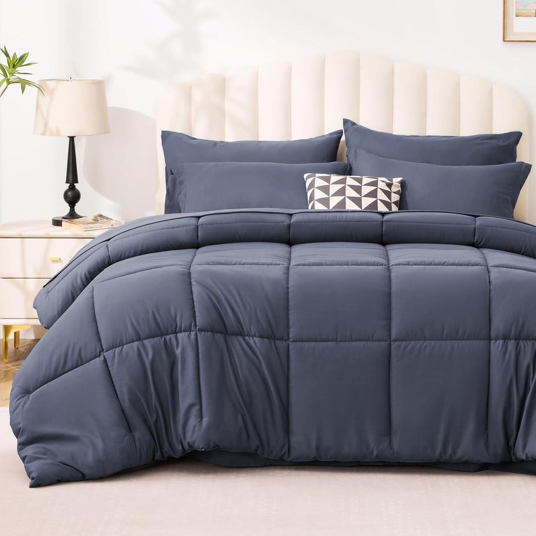 Love's cabin Full Comforter Set Indigo Blue, 7 Pieces Full Bed in a Bag, All Season Bedding Sets with 1 Comforter, 1 Flat Sheet, 1 Fitted Sheet, 2 Pillowcase and 2 Pillow Sham | Soft, Breathable, Lightweight, Comfortable