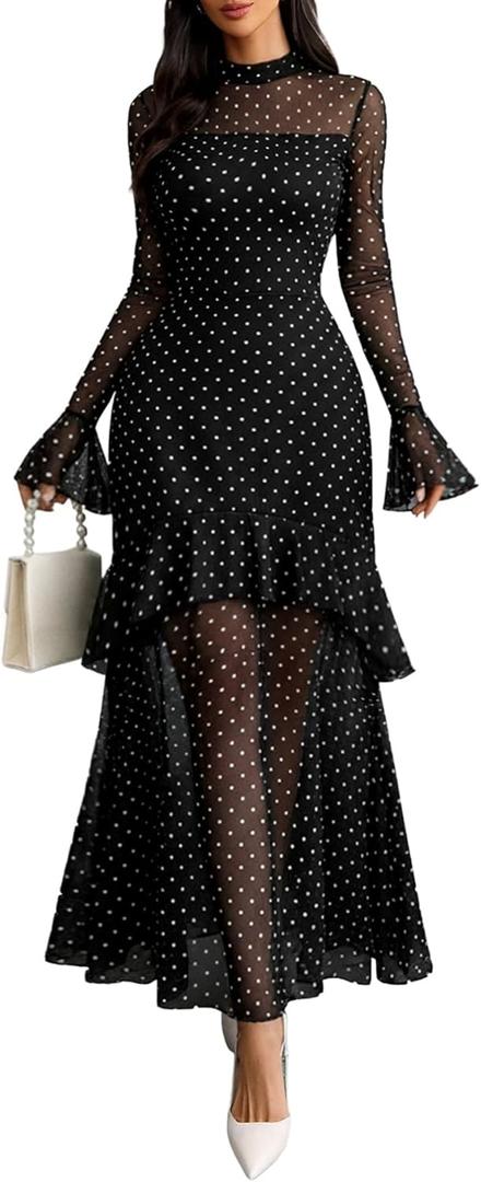 GothDark Womens Floral Maxi Dress Sheer Mesh Bell Sleeve Tiered Ruffle Gothic Romantic Casual Long Dresses (Large, Polka Dot Print)