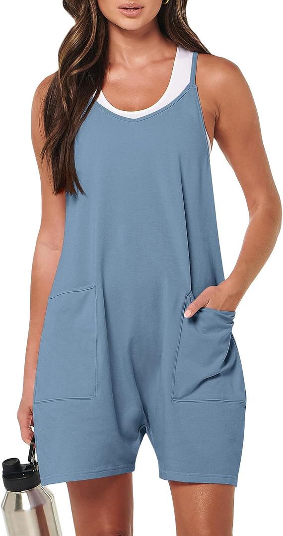 ANRABESS Womens Rompers Summer Casual Loose Sleeveless Overalls Spaghetti Strap Shorts Jumpsuit 2026 Beach Vacation Clothes (Blue, M)