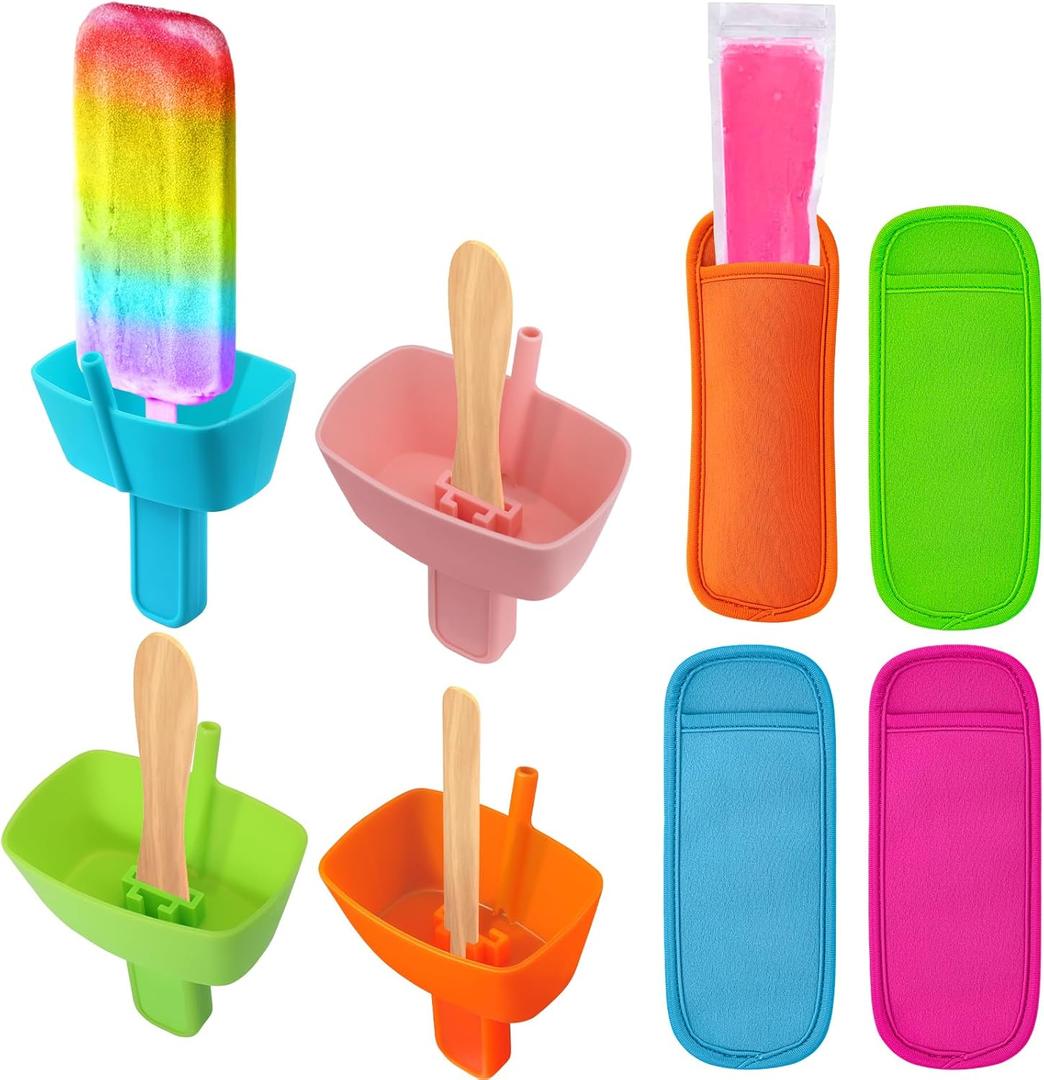 AIERSA 8pcs Popsicle Holders and Ice Pop Sleeves Set for kids No Drip, Silicone Popsicle Holder with Straw and Reusable Neopreneee Freeze Popsicle Sleeves for Toddlers Mess Free, No Freezing Hands (4+4)