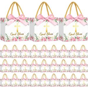 Moinchore 30 Pcs First Holy Communion Treat Bags Bulk Small God Bless Pink Floral Candy Gift Bags Goodie with Handles Bow Ribbon for Baptism Christenings Religious Weddings Party Favors Supplies, 1 count
