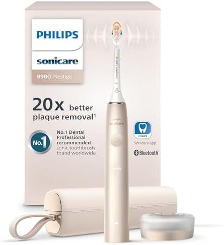 Philips Sonicare DiamondClean 9900 Prestige Electric Toothbrush - with SenseIQ Technology and Advanced AI App, 5 Brushing Modes, 3 Intensity Levels, Charging Travel Case, Champagne, HX9990/11
