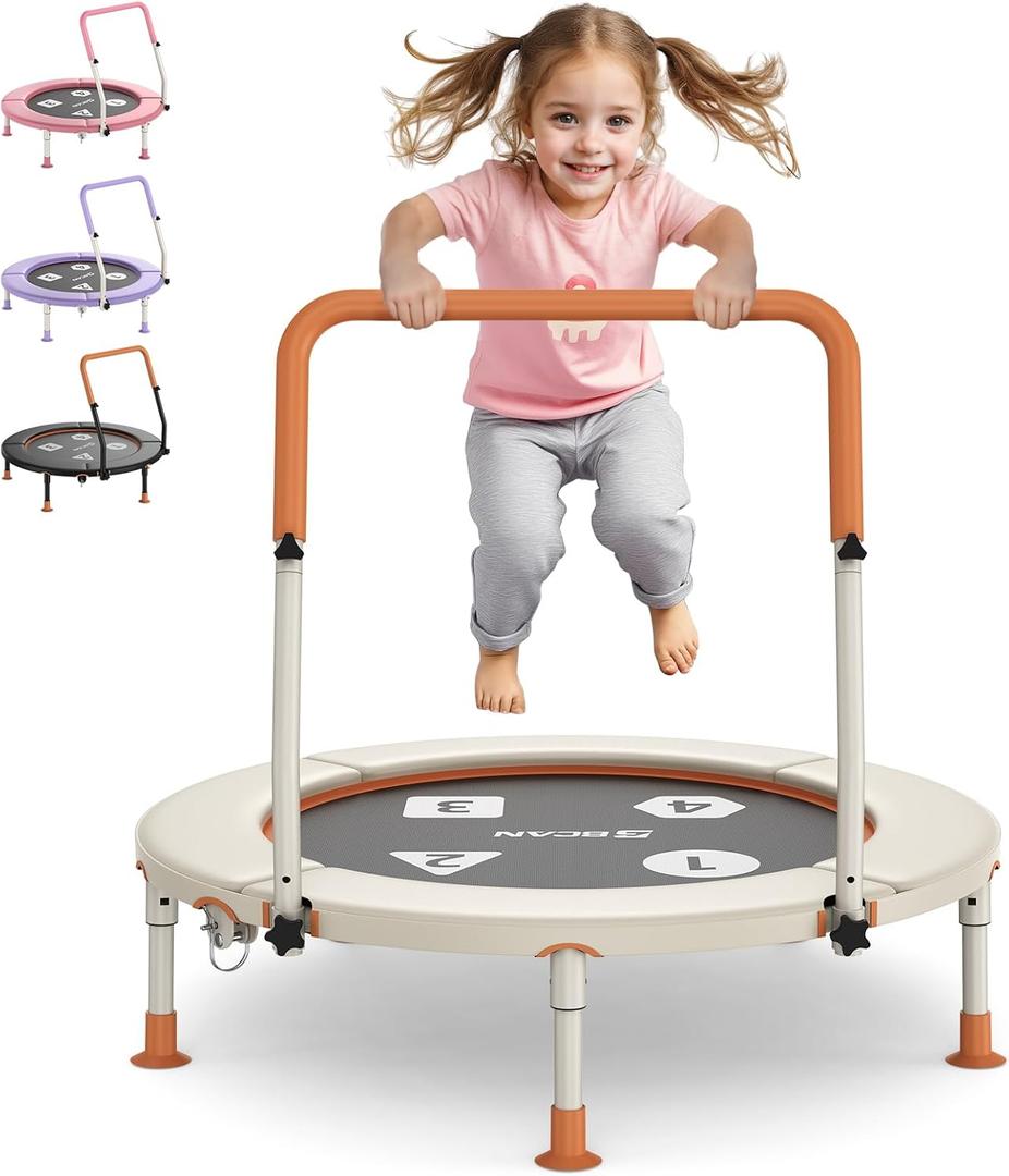 BCAN 36'' Toddler Trampoline, ASTM Certified-Foldable Mini Trampolines for Kids Ages 1-6, Adjustable Handle, Safety Pad & Foldable Legs, Baby Trampoline Indoor/Garden, Gift for Boy and Girl (Beige-Classic)