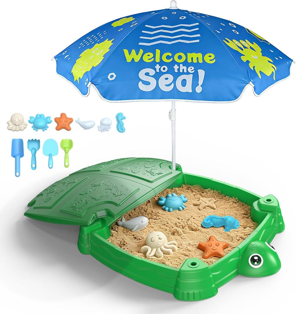 Turtle Sandbox with Lid and Adjustable Umbrella, Large Square Sand Box with 6 Molds & 4 Shovels, Outdoor Beach Toys for Toddlers Ages 3+, 38.6 x 38.6 x 5.1 inches