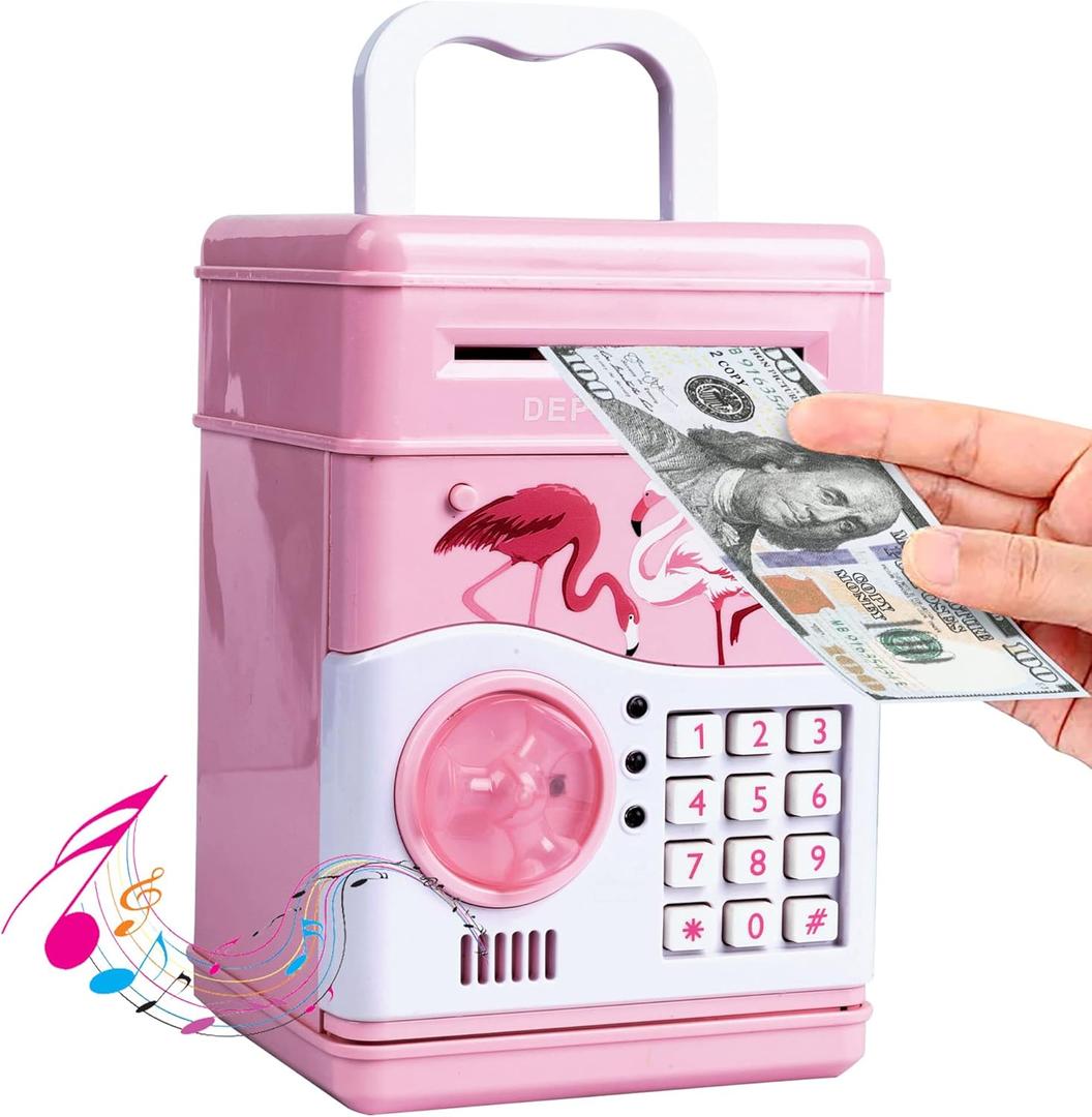GuDoQi Password Piggy Bank, Digital Electronic Money Bank with Music, Mini ATM Cash Coin Saving Can Toys, Birthday Gifts for Kids, Pink Flamingo