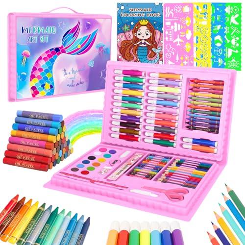 homicozy Art Supplies, Mermaid Drawing & Coloring Set with Crayons, Colored Pencils, Markers, Sketchbook, Watercolor Cakes, Stencils, Arts and Crafts Painting Kit for Kids Ages 4-10, Girls Boys Gift