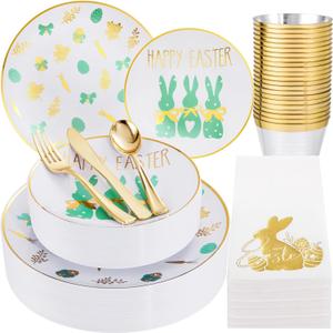 Hioasis 175pcs Easter Plastic Plates, Bunny Plastic Disposable Dinnerware Set Include 25 Dinner Plates, 25 Dessert Plates, 25 Forks, 25 Knives, 25 Spoons, 25 Napkins，25 Cups Perfect for Easter Party