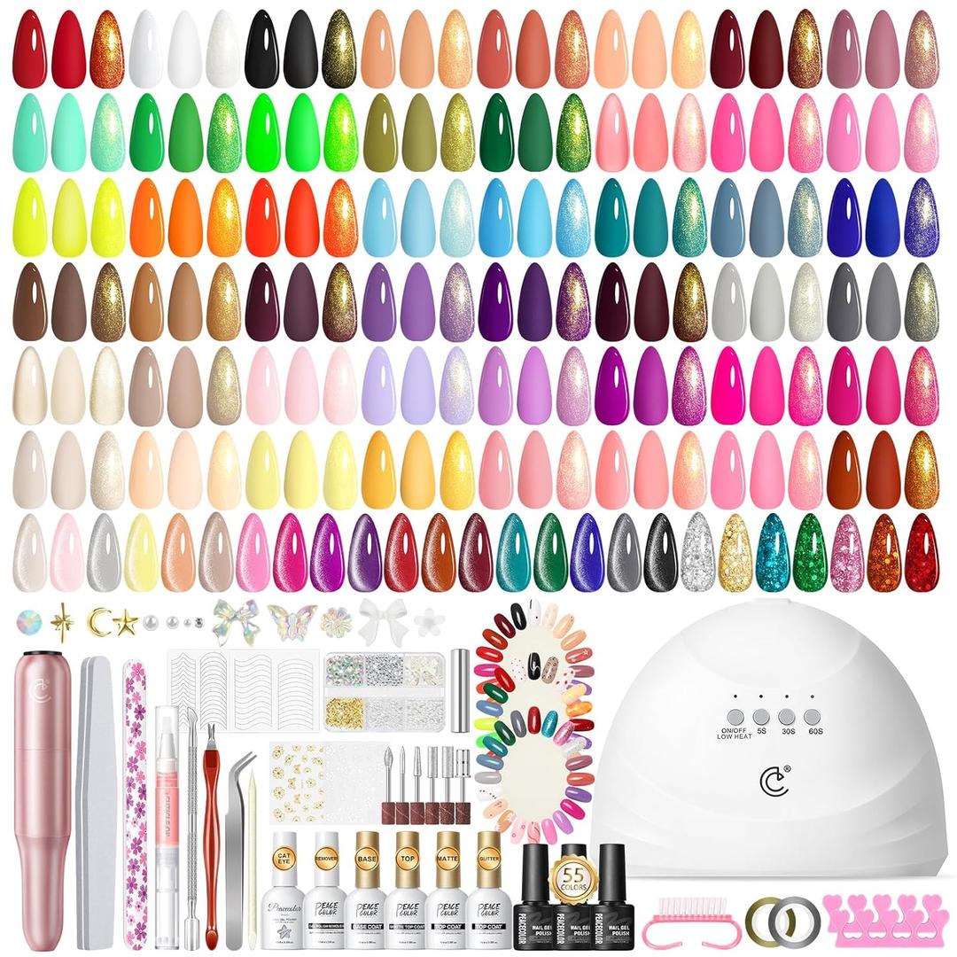 Peacecolor 83Pcs Gel Nail Polish Kit with U V Light and Drill, 56 Colors All Seasons Soak Off Gel Polish Set Cat Eye Gel with Matte/Glossy Glitter Base Top Coat Manicure Nail Kit Gifts for Women Girls
