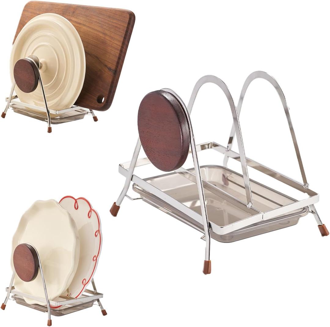 6.5mm Stainless Steel Pot Lid Holder while Cooking, Multifunctional Cutting Board Pan Lid Organizer for Countertop with Beech Wood Accents, Heavy Duty Rack with Nonslip Pads & Removable Drip Tray