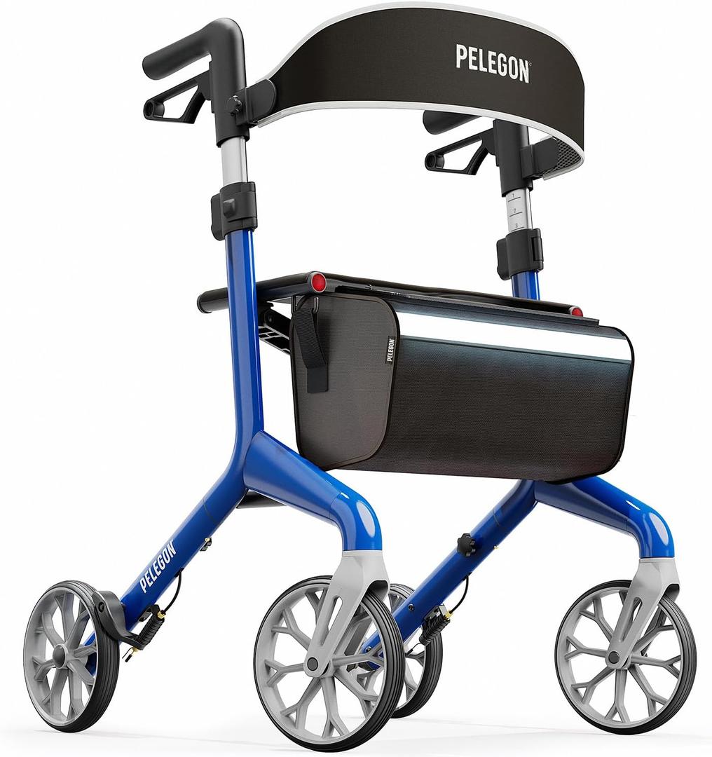 Pelegon Rollator Walker with Seat for Seniors Lightweight Foldable Walker with Padded Seat & Backrest, Adjustable Handles, Reflective Frame, Carry Bag Heavy-Duty 300lb Support - Blue