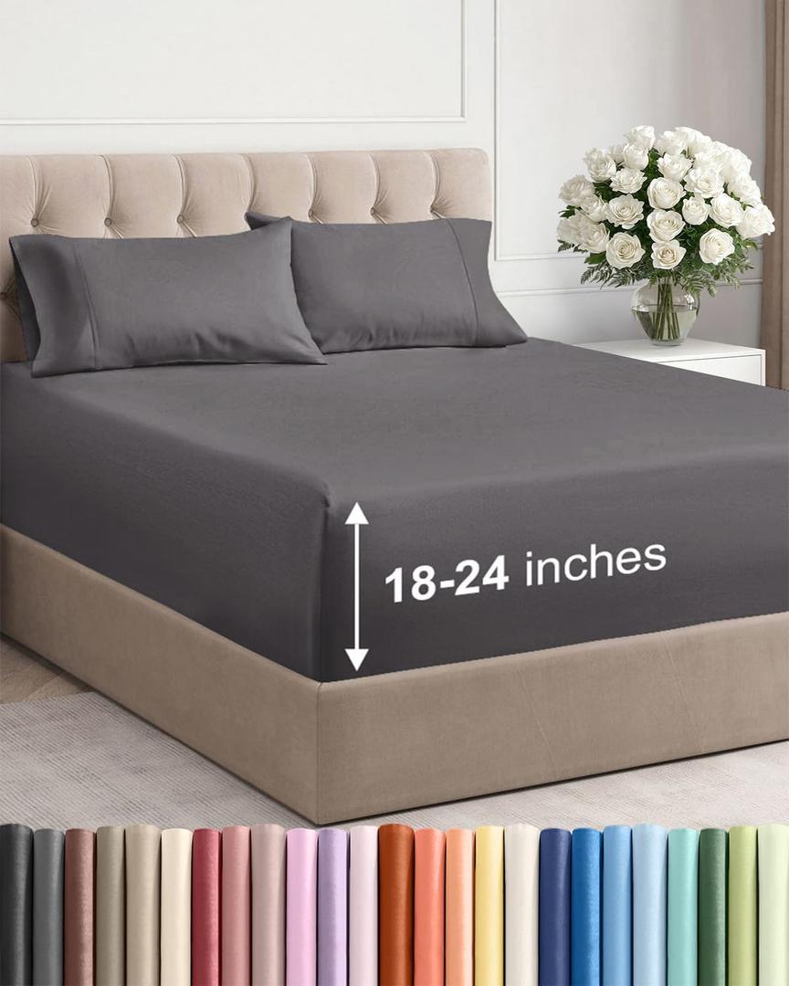 Extra Deep Twin XL Sheet Set - 4 Piece Breathable and Cooling Sheets - Hotel Luxury Bedding for Women, Men, Kids & Teens - Easy & Secure Fit - Soft, Wrinkle Free and Comfy - Extra Deep Pockets - Grey (07 - Dark Grey)