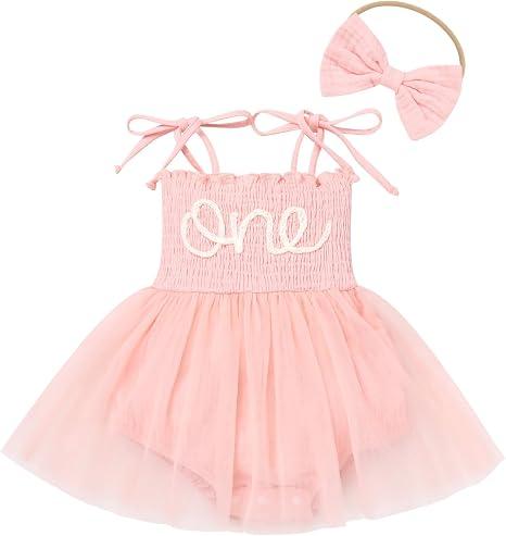 Baby Girls 1st Birthday Outfit Spaghetti Straps Romper Tutu Dress Headband One Year Old Party Cake Smash Photoshoot Outfits Light Pink 12-18 Months
