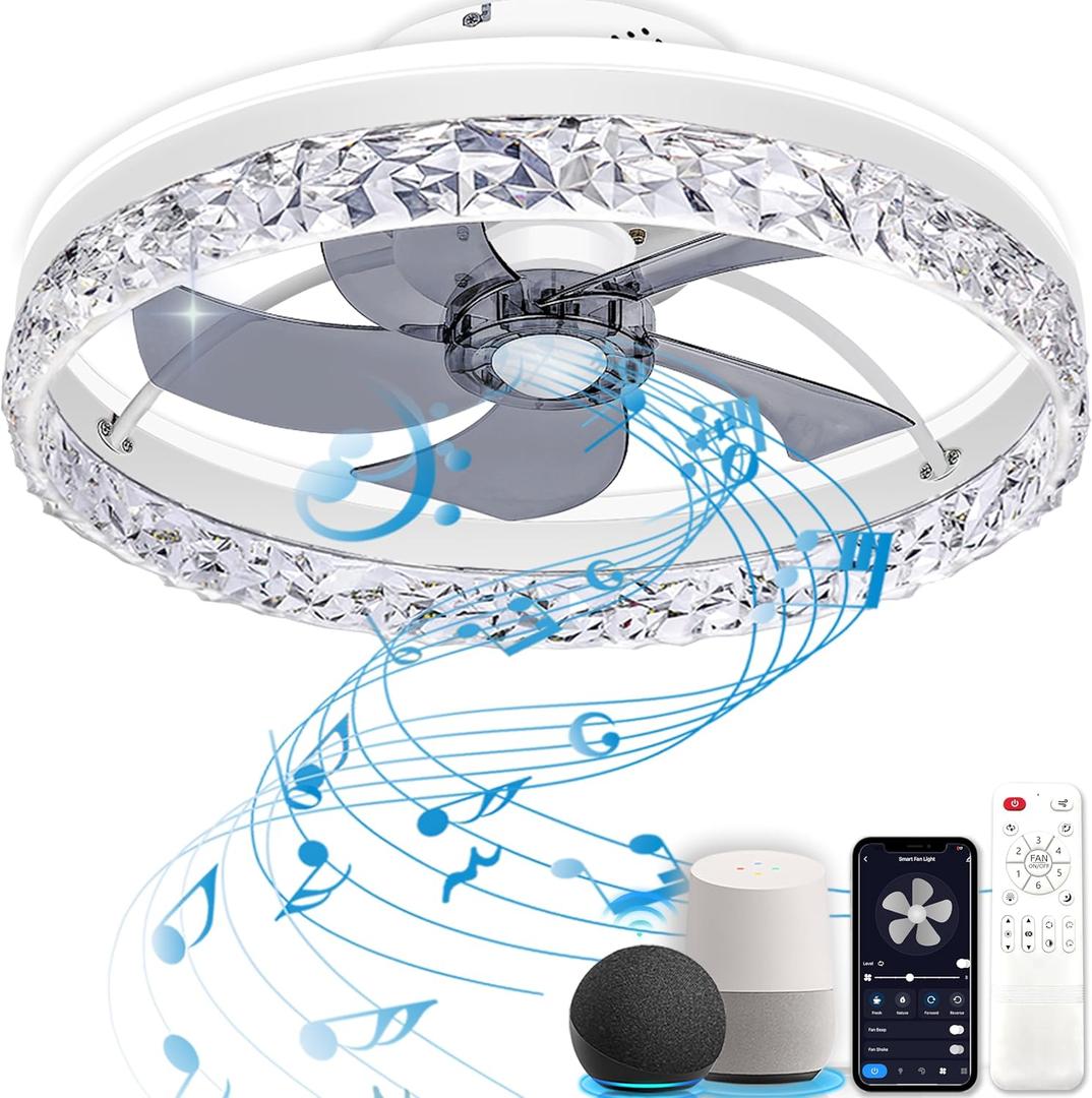 Ceiling Fan with Light, Low Profile Flush Mount Ceiling Fan, Bluetooth Ceiling Fan with Speaker, Smart Ceiling Fan with Alexa & Google Assistant, Voice/APP/Remote Control