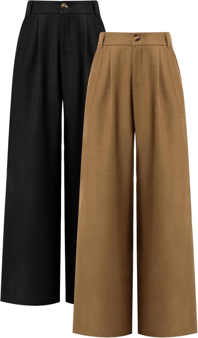 Coume 2 Pack Women Wide Leg Dress Pants High Waisted Business Casual Office Work Trousers Flowy Palazzo Pants with Pockets (Large, Black/Khaki)