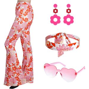hoyuwak 5PCS 60s 70s Outfit Hippie Costume Set for Women Flared Pants Heart Glasses Floral Earrings Headband for Halloween Carnival Disco Party