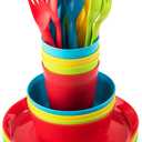 Plaskidy Kids Dinnerware Set for 4-24 Piece Plastic Childrens Dishes Dinnerware Sets Microwave/Dishwasher Safe BPA Free - Toddler Dinner Set Includes Kids Plates and Bowls Kids Cups Flatware Set