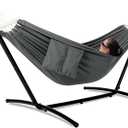 GAFETE Double Hammock with Stand for Outside, Upgraded Spreader Bar, Heavy Duty Space Saving Steel Stand 2 Person, Side Pocket, Easy Assembly, 600lbs Weight Capacity, Indoor & Outdoor (Dark Grey)
