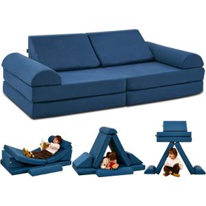 jela Kids Couch Safety Certified Play Couch Soft Kids Sofa with Machine Washable Cover Thick Foam Fort Building Set for Playroom Indoor (57"x28"x18", Navy Blue)