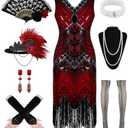 1920s Dresses for Women, Flapper Dress Lace Fan Feather Headband Sequins Beads Fringes 20s Accessories Vintage Mafia Costume Women's Carnival BlackRed 2XL
