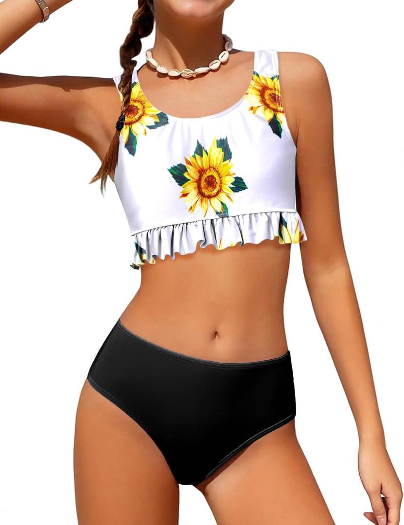 Arshiner Girls Bikini Beach Swimwear 2 Piece Swimsuits Floral Printing Bathing Suits for 4-15 Years (A Big Sunflower Pattern)