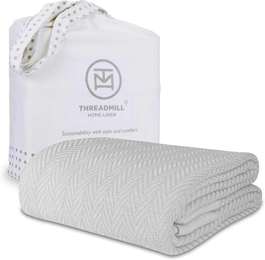 Threadmill Luxury Cotton Blankets for Queen Size Bed | All-Season 100% Cotton Queen Size Blanket | Herringbone Cozy, Soft Breathable Fall Thermal Blanket fits Full Size Bed | Light Grey