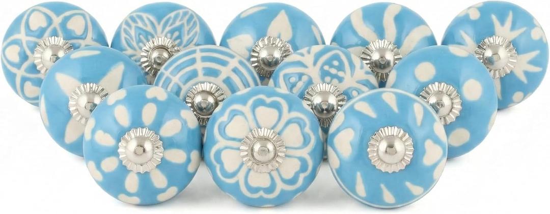 Kitchen Cabinet Knobs - Pack of 12 - Indian Countryside Colorful Assorted Ceramic Drawer Pull Handle for Kitchen Cupboard Wardrobe Knob Boho Room Interior Decor - Sky Blue