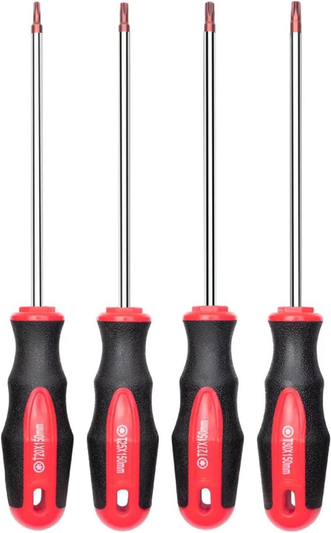 ROTATION 4PCS Magnetic Tip Torx Screwdriver Set, 4 Torx Star Screwdrivers, T20, T25, T27, T30, Red Tip | Red, Gloss, S2 Steel
