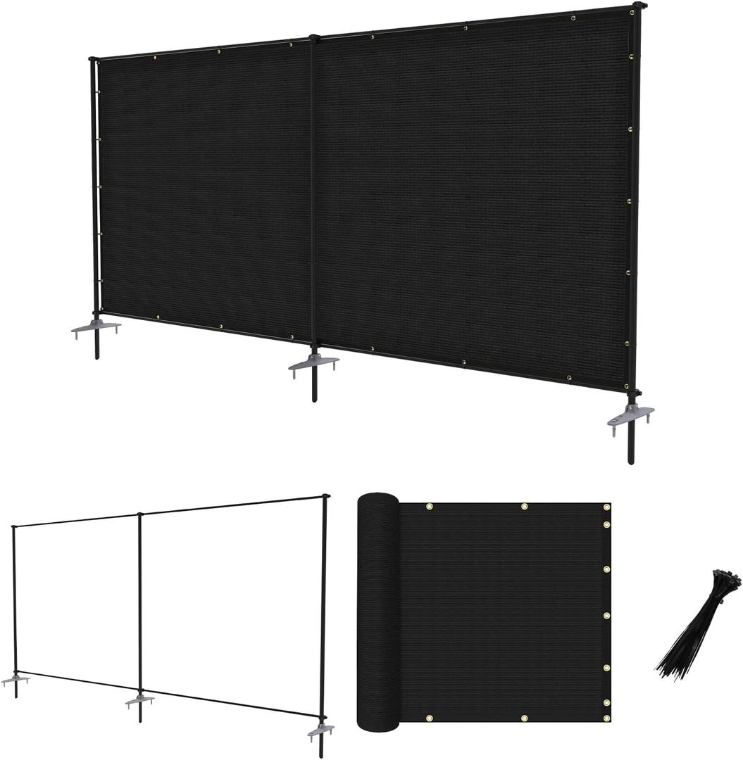 6'x12' Privacy Fence Sets with Iron Poles Outdoor Mesh Shade Net Cover Temporary Fencing Metal Fence with Ground Spikes for Patio Backyard Chicken Graden Pool, Black