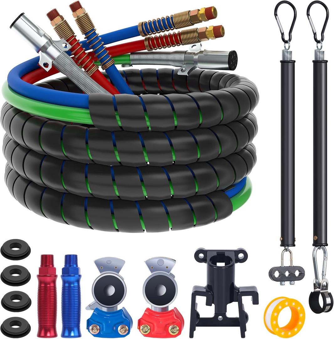 CheeMuii 15FT Semi Truck Air Line Kit with Gladhand Holder and Springs Kit Red & Blue Air Brake Hoses and 7 Way Trailer Cord 3-in-1 Air Lines Set for Semi Truck Trailer Tractor