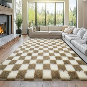 8x10 Fluffy Living Room Rug: Beige and White Checkered Rugs for Living Room- 8x10 Large Fluffy Rug for Bedroom- Soft Plush Shag Carpets for Boys Girls Teen Room, Home Decor (Beige/White)