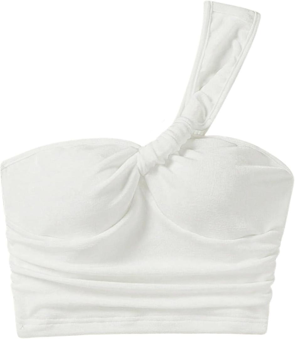 SOLY HUX Women's One Shoulder Tank Top Sleeveless Ruched Going Out Summer Crop Tops (White, S)