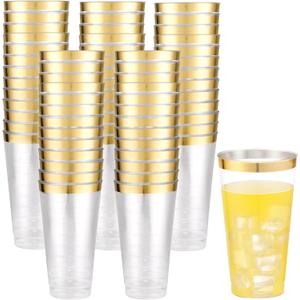 LIYH 100 Pcs Gold Plastic Cups - 16 oz Clear and Gold Rim Plastic Cups, Big Size Fancy Disposable Party Cup Beverage Drinking Cup for Party & Wedding