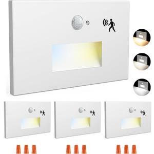 4 Pack Motion Sensor LED Step Lights, 3 Color Stepless Dimmable 120V Hardwired Stair Lights Indoor Outdoor, 3000K/4000K/6000K 3.5W 150LM IP65 Waterproof Staircase Light, Aluminum, ETL, White 4 Pack Motion Sensor LED Step Lights, 3 Color Stepless Dimmable 120V Hardwired Stair Lights Indoor Outdoor, 3000K/4000K/6000K 3.5W 150LM IP65 Waterproof Staircase Light, Aluminum, ETL, White