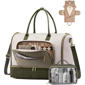 LOVEVOOK Convertible Travel Duffle Bag for Women Men, Garment Bag for Travel, Quilted Overnight Weekender Carry On Duffel Bags for Airplane, Suit Bags for Trip, Business (47L-20.5 inch-2Pcs, Beige-Green)