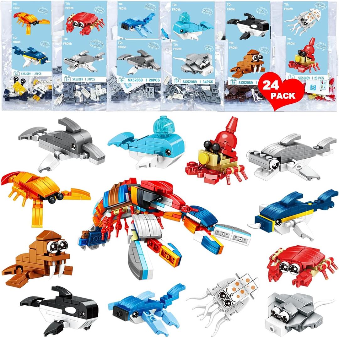 24 Packs Valentines Day Gifts for Kids with Sea Animal Building Blocks, Valentines Day Cards for Kids School Exchange, Bulk Valentines Toys for Boy Girls Classroom