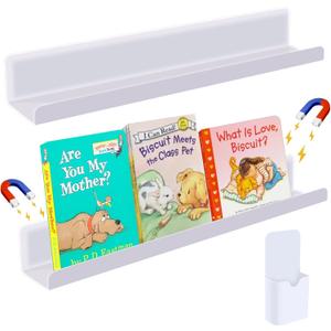 2 Pcs Magnetic Book Shelf for Whiteboard, Magnetic Book Holder Display Shelves with a Pen Container for Teacher Kids Classroom Office (White)