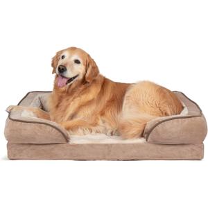 Furhaven Cooling Gel Dog Bed for Large/Medium Dogs w/ Removable Bolsters & Washable Cover, For Dogs Up to 55 lbs - Plush & Velvet Waves Perfect Comfort Sofa - Brownstone, Large