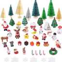 KUUQA 50 Pcs Mini Christmas Ornament Kits,Mini Christmas Trees Bottle Brush Trees with Resin Santa Claus, Snowman, Snowflake, Bell, Elk, Candy Cane for Christmas Party Supplies