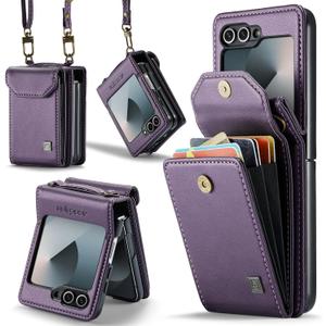 ASAPDOS Crossbody Case Compatible with Samsung Galaxy Z Flip 6/Z Flip 7 FE,Retro PU Leather Strap Wristlet Flip Case with Magnetic Closure and Card Holder for Men Women Purple