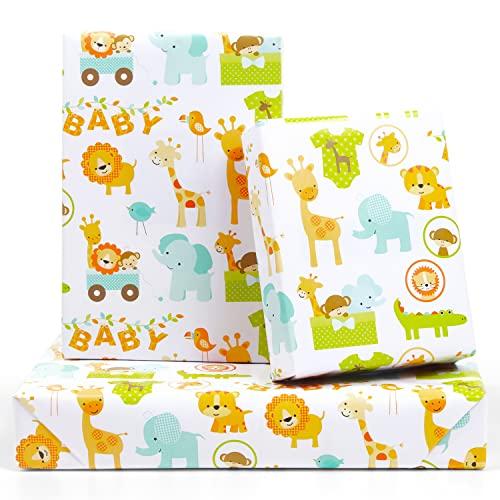 Gift Wrapping Paper for Baby Boys Girls Infant Kids, 6 Sheets Forest Animals Lion Giraffe Elephant Monkey Crocodile Wrapping Paper Sheet, 20 x 30 Inch Gift Paper for Baby Shower Birthday Kindergarten, Pack of 2