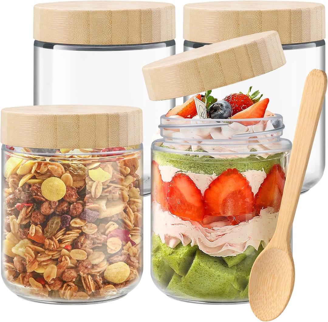 16 OZ Overnight Oats Containers with Lids 4Pcs Glass Storage Jars for Snack Yogurt Wide Mouth Mason Jars with Bamboo Lids for Food Grain Storage