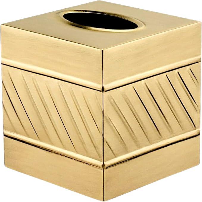 Monarch Abode Tissue Box Cover Square – Handcrafted Wave Embossed Brushed Gold Metal Tissue Holder Box for Bathroom Accessory, Aesthetic Decorative Facial Napkin Cube for Modern Home Decor 