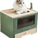 Large Cat Litter Box with Lid, Foldable Covered Kitty Litter Box, Top Entry, Anti-Splashing, Easy Clean (Beige and Green)