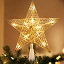 Brizled Silver Christmas Tree Topper, 9 Christmas Star Tree Topper with 10 Warm White Lights, Pre-lit Glittered Star Treetop, 120V UL Listed Lighted Xmas Treetop for Christmas Tree Home Decorations