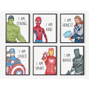 ShopHaven Superheroes Art Print Set Of 6, ‘I AM’ Affirmations, Boys Bedroom Décor, Kids Wall Art, Iron Man, Hulk, Spiderman, Thor, Black Panther and Captain America, Superheroes (11x14) - UNFRAMED