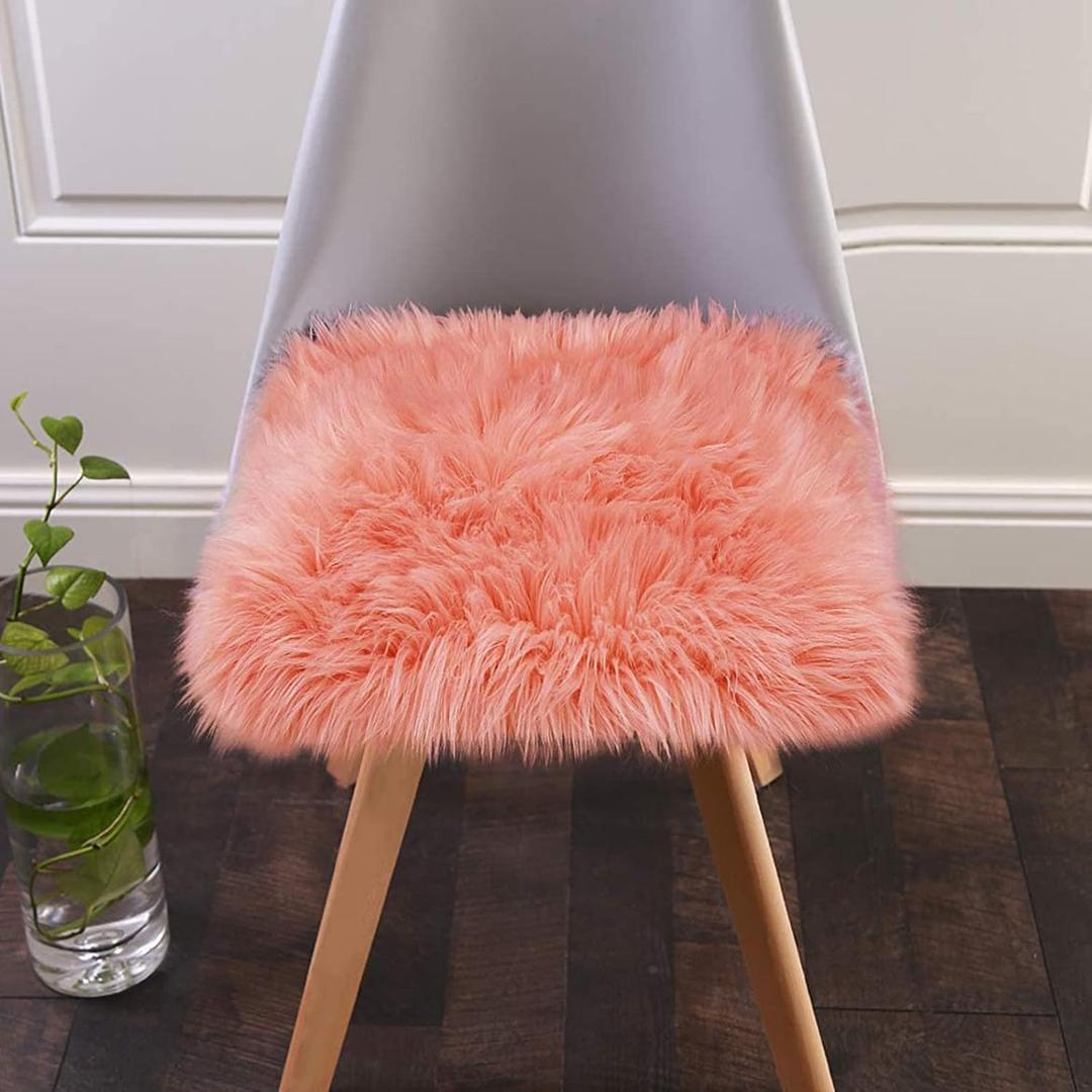Softlife Square Faux Fur Sheepskin Chair Cover Seat Cushion Pad Super Soft Area Rugs for Living Bedroom Sofa (1.6ft x 1.6ft, Coral) 1 pack