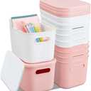 Hoolerry 8 Pieces Colorful Storage Bins with Lid, Plastic Storage Basket Organizing Container Stackable Box with Handle for Shelves Desktop Playroom Office(9.8 x 7.1 x 6.3 Inch,White and Pink)