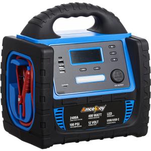 2400A Car Battery Jump Starter and Portable Power Station Starts 8.0L Gas & 8.0L Diesel 6-in-1 Jump Starter with Air Compressor 100 PSI Tire Inflator 400 Watt Inverter AC/DC/USB Outlets